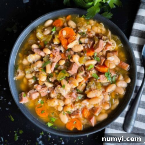 Ham and bean soup in a dark bowl on a dark surface.