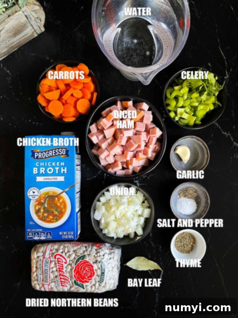 Ham and bean soup ingredients laid out on a dark surface.