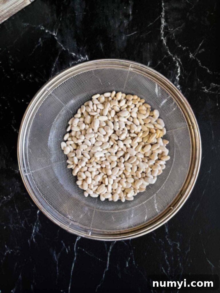 Northern beans rinsed and drained, ready for cooking.