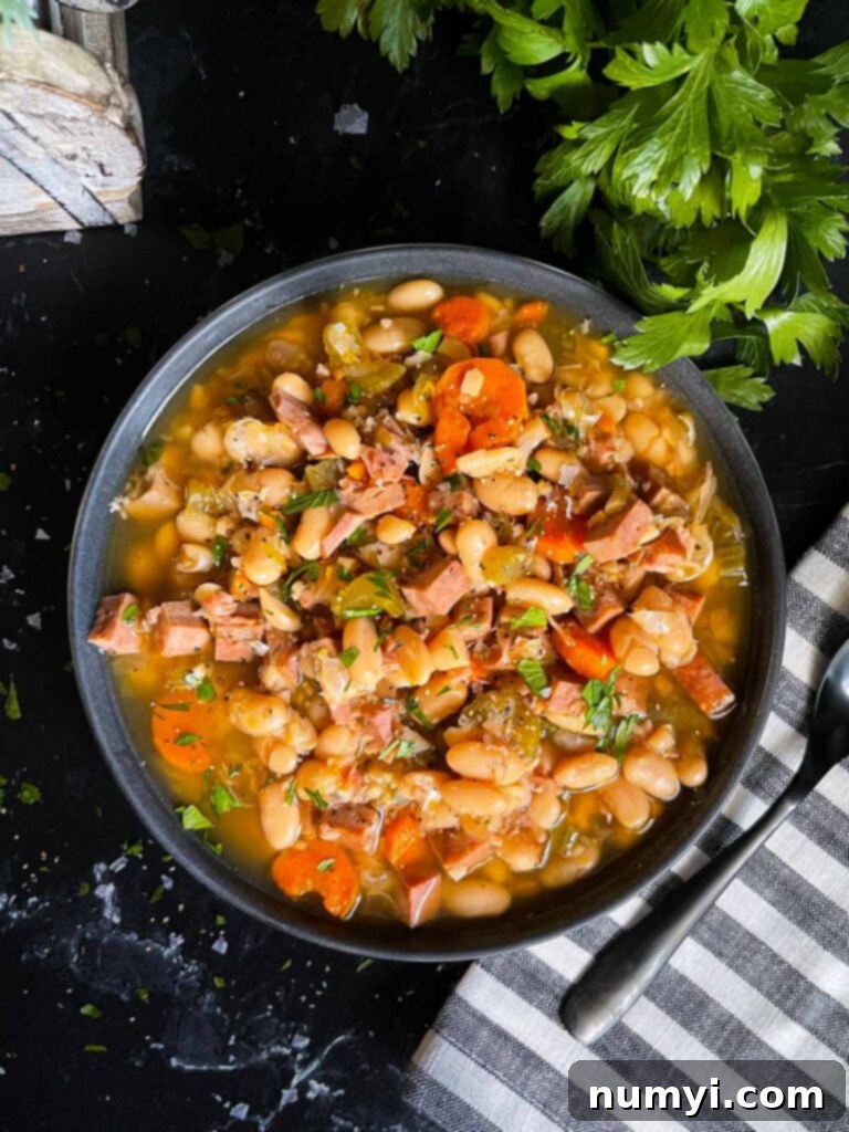 Ham and bean soup served in a dark bowl on a dark surface, garnished with fresh herbs.