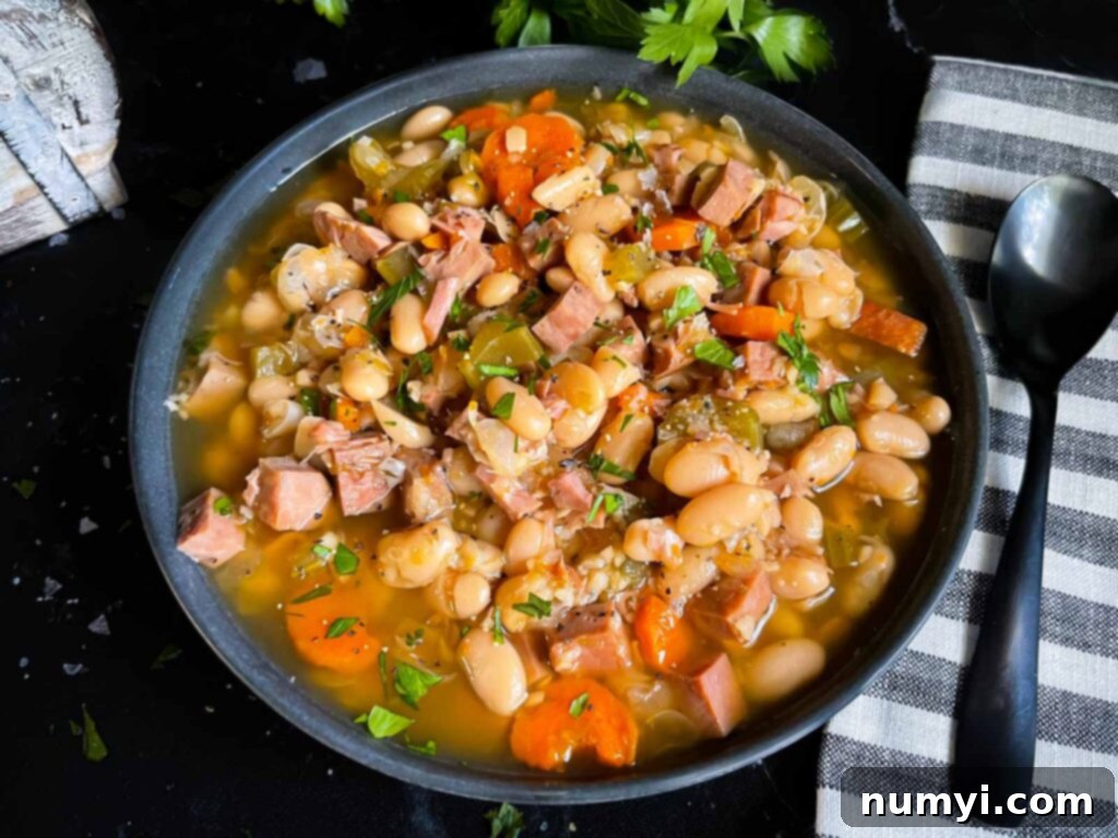 Close-up of hearty ham and bean soup in a dark bowl.