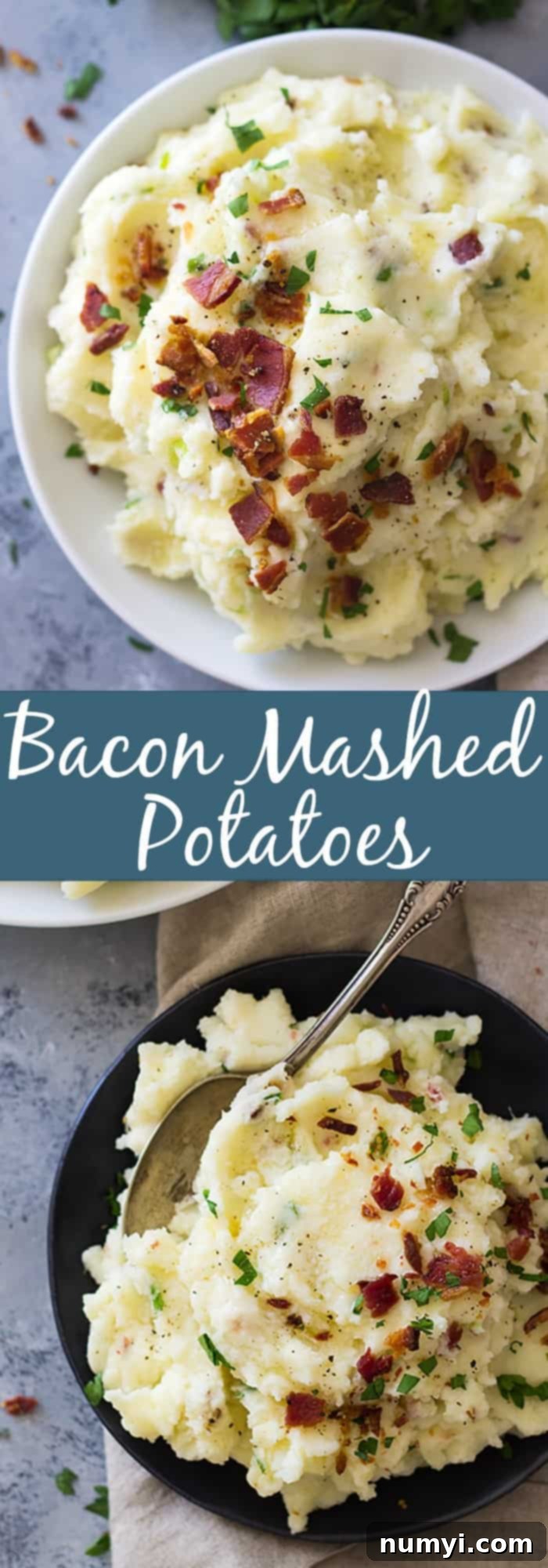 Loaded Bacon Mashed Potatoes 7 Bacon Mashed Potatoes are creamy, fluffy and full of flavor! Studded with crispy bacon, green onions and made ultra decadent with a little cream cheese. | www.countrysidecravings.com