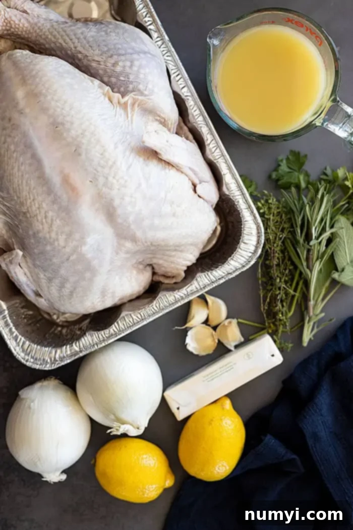 Overhead view of fresh ingredients needed for herb roasted turkey including a whole turkey, fresh herbs, lemons, onions, butter, and olive oil.
