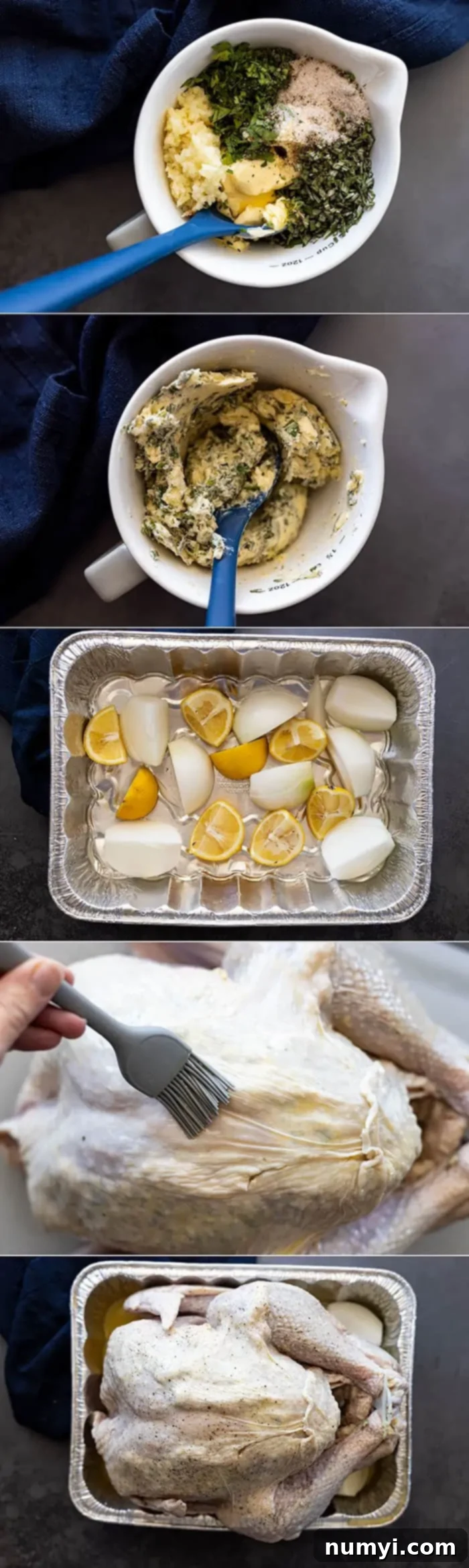 Five step-by-step pictures showing the preparation of a turkey: seasoning, applying herb butter, placing aromatics, and setting in the roasting pan for the oven.