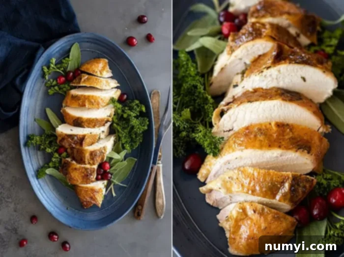 Two close-up pictures of a perfectly carved herb roasted turkey breast, garnished with fresh herbs and bright cranberries, ready for serving.