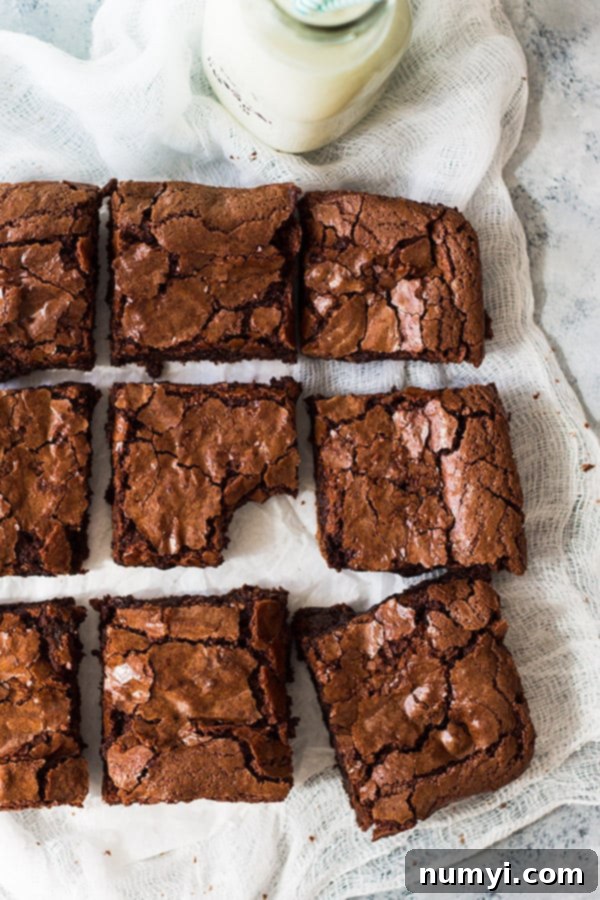 Perfect Homemade Chewy Brownies 2 Top down view of freshly baked chewy brownies cut into perfect squares, showcasing their rich, dark color and soft texture.