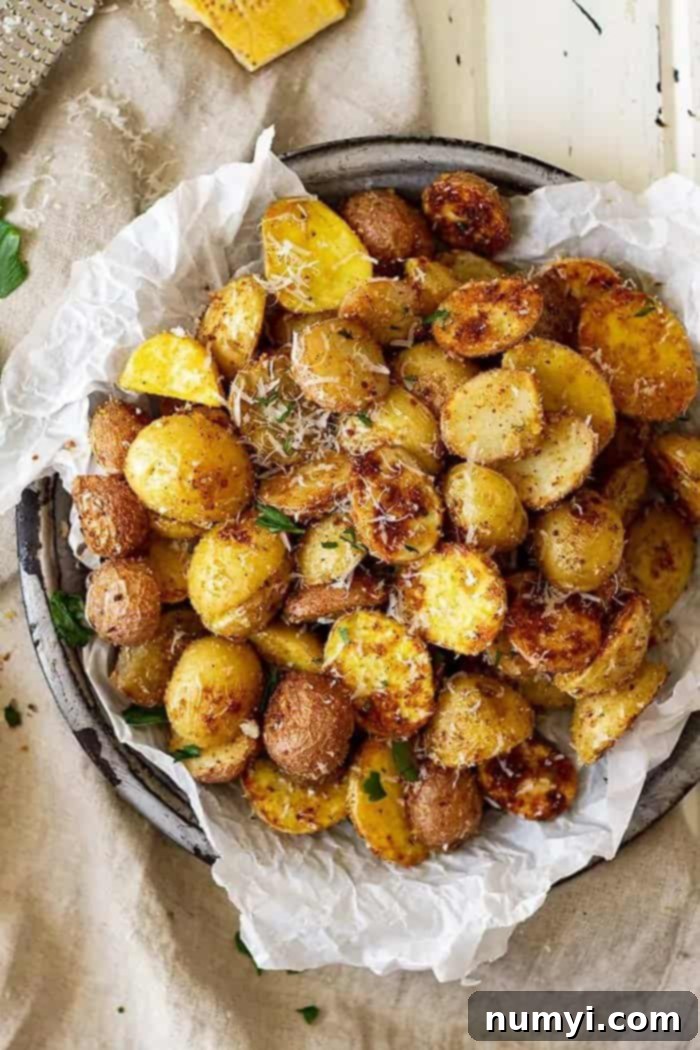 Garlic Parmesan Roasted Potatoes 2 Overhead shot of golden brown Parmesan roasted potatoes on a white serving plate, garnished with fresh grated Parmesan and parsley.