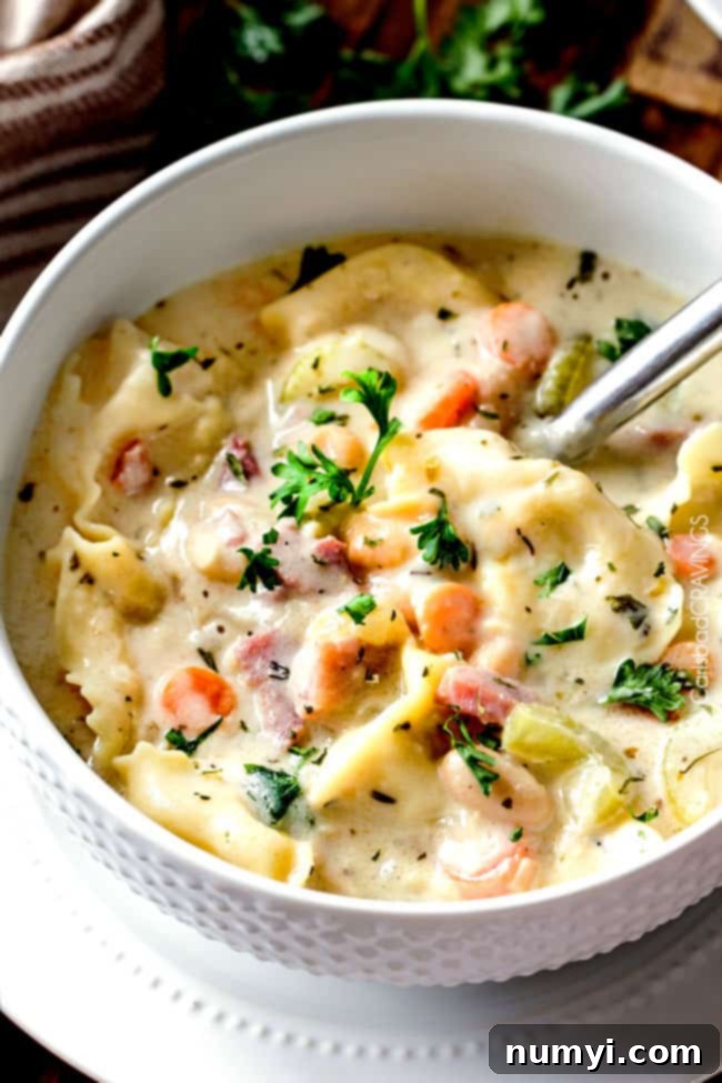 One Pot Creamy White Bean and Ham Tortellini Soup: a hearty and comforting soup featuring tortellini, ham, and white beans.