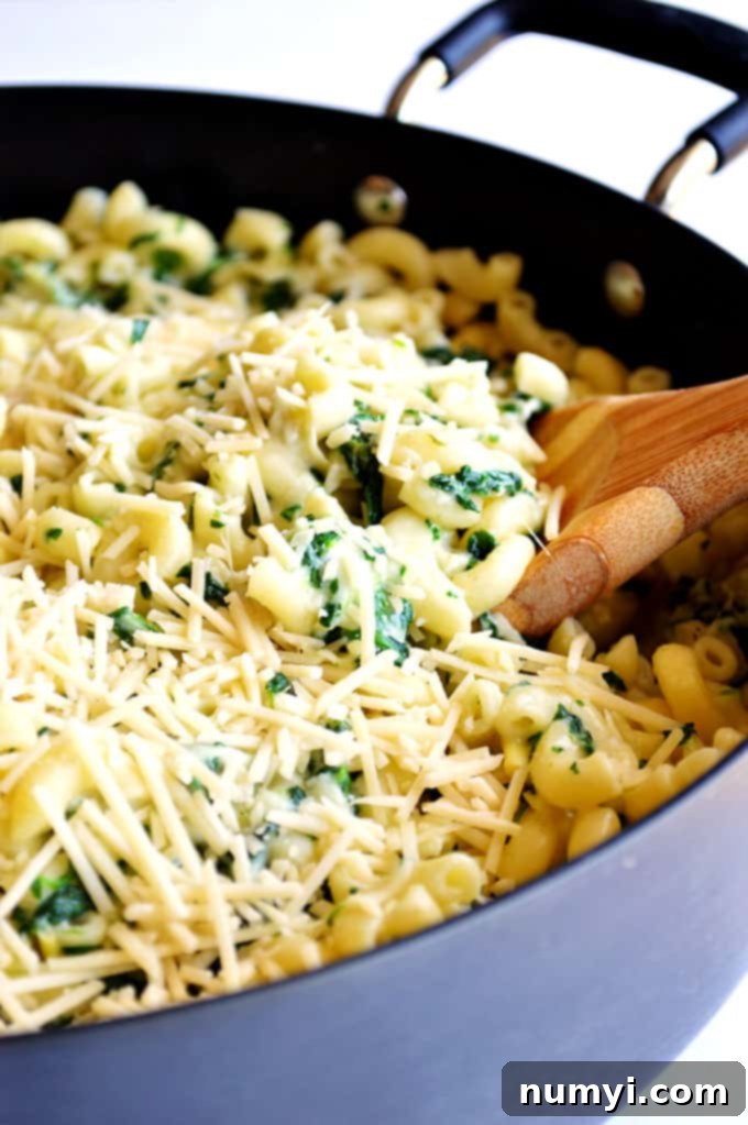 One Pot Spinach and Artichoke Mac and Cheese: a creamy, cheesy pasta dish infused with the delicious flavors of spinach and artichoke, cooked in one pot.