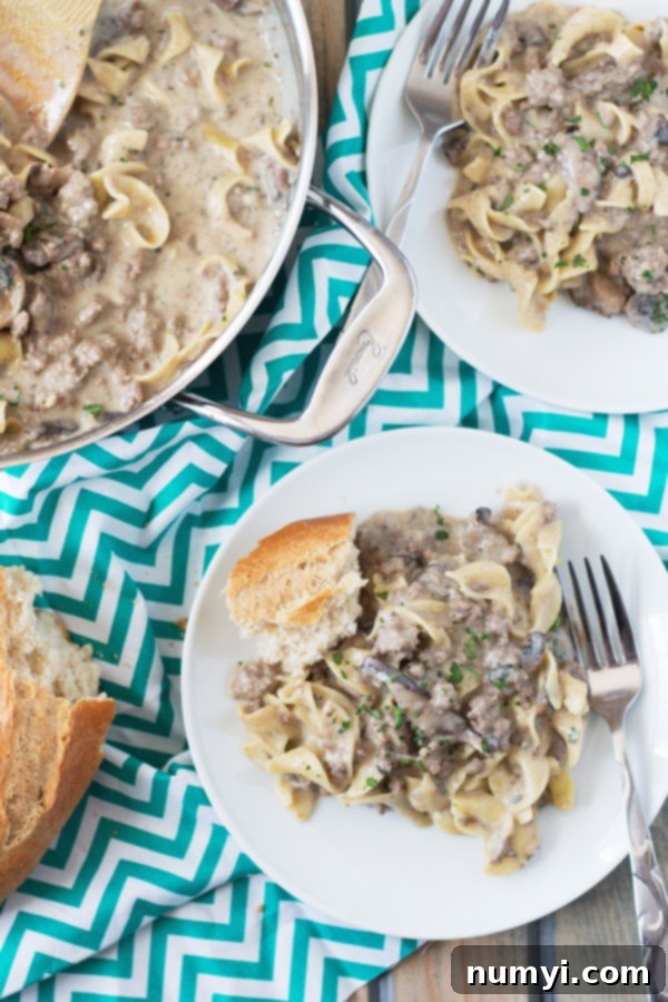 One Pot Hamburger Stroganoff: a creamy, comforting pasta dish with ground beef, mushrooms, and egg noodles, made without cream of mushroom soup.