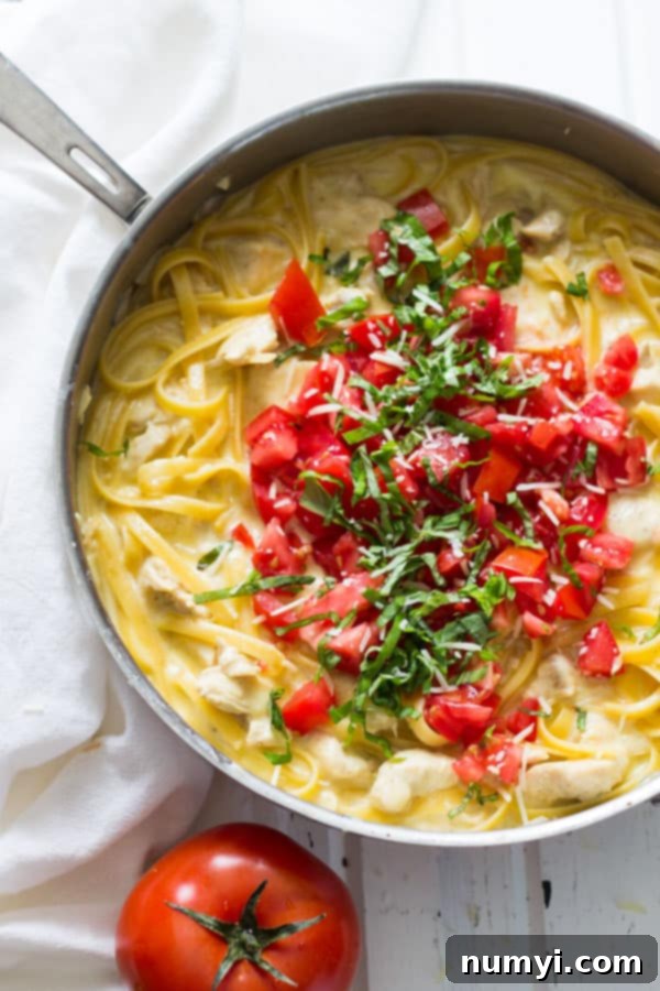 One Pot Chicken Tomato Basil Alfredo: a quick and easy meal with chicken, fresh tomatoes, basil, and a creamy Alfredo sauce, packed with amazing flavor.