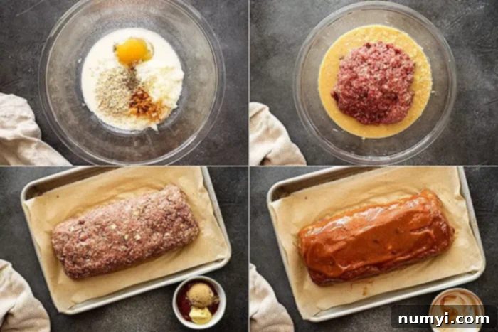 overhead: four pictures showing the steps to making grandma's meatloaf