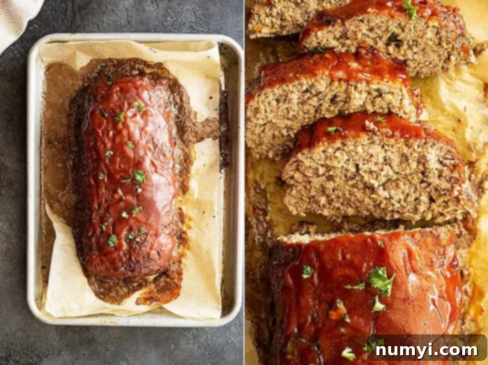 overhead: two pictures showing grandma's old fashioned meatloaf fresh from the oven and the second picture showing slices sprinkled with parsley