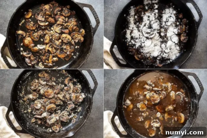 Four pictures showing how to make easy mushroom gravy. 