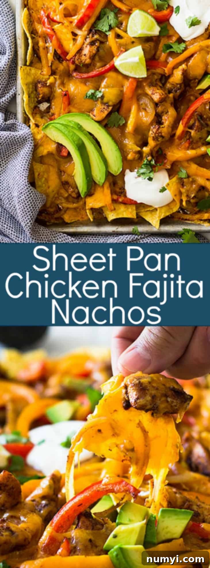 Close-up of golden brown Sheet Pan Chicken Fajita Nachos with melted cheese and fresh green toppings.
