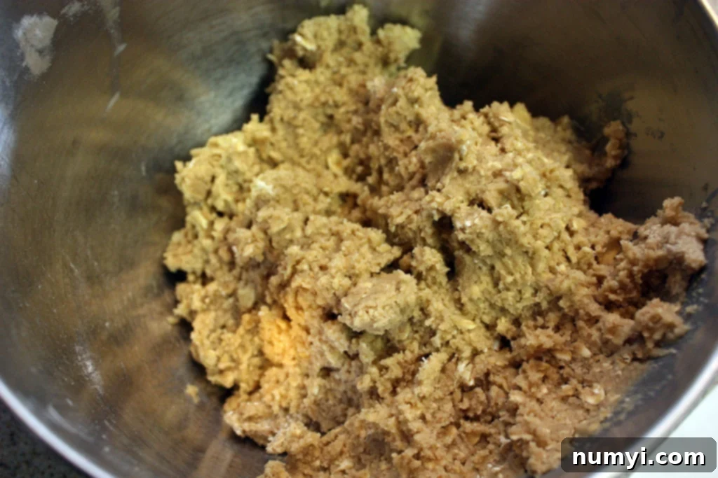 Cookie dough in a metal bowl.