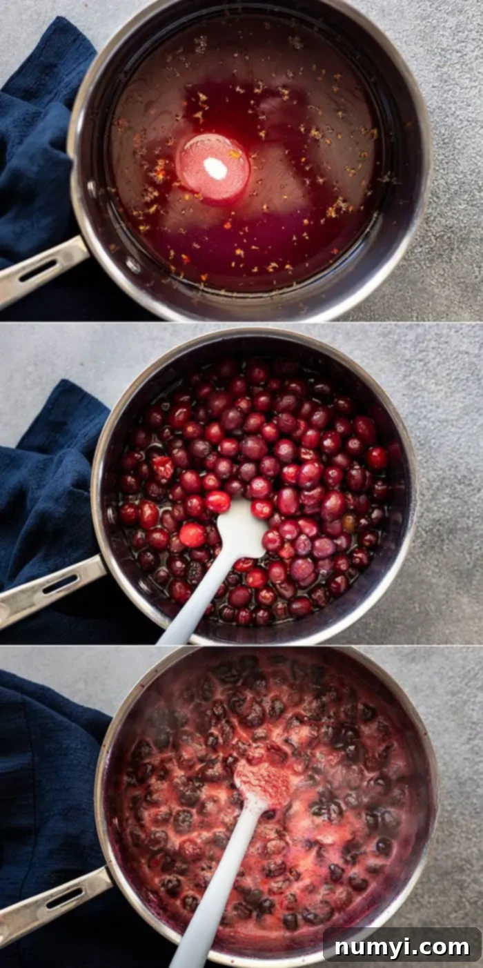 Ingredients for cranberry pomegranate sauce laid out: pomegranate juice, sugar, orange zest, and a bag of fresh cranberries.
