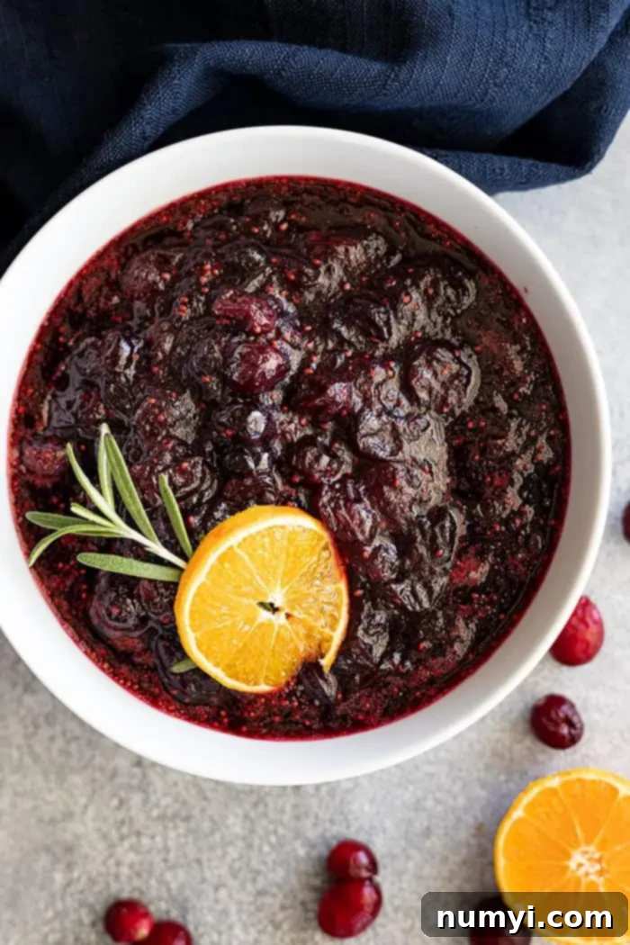 A close-up of the finished cranberry pomegranate sauce cooling in a bowl, with a rich, thick texture and vibrant color.