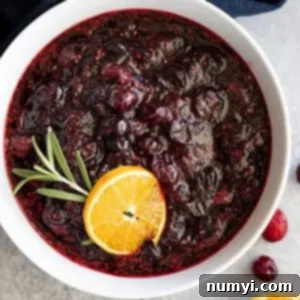 A smaller, overhead shot of the cranberry pomegranate sauce in a bowl, with a spoon taking a scoop.