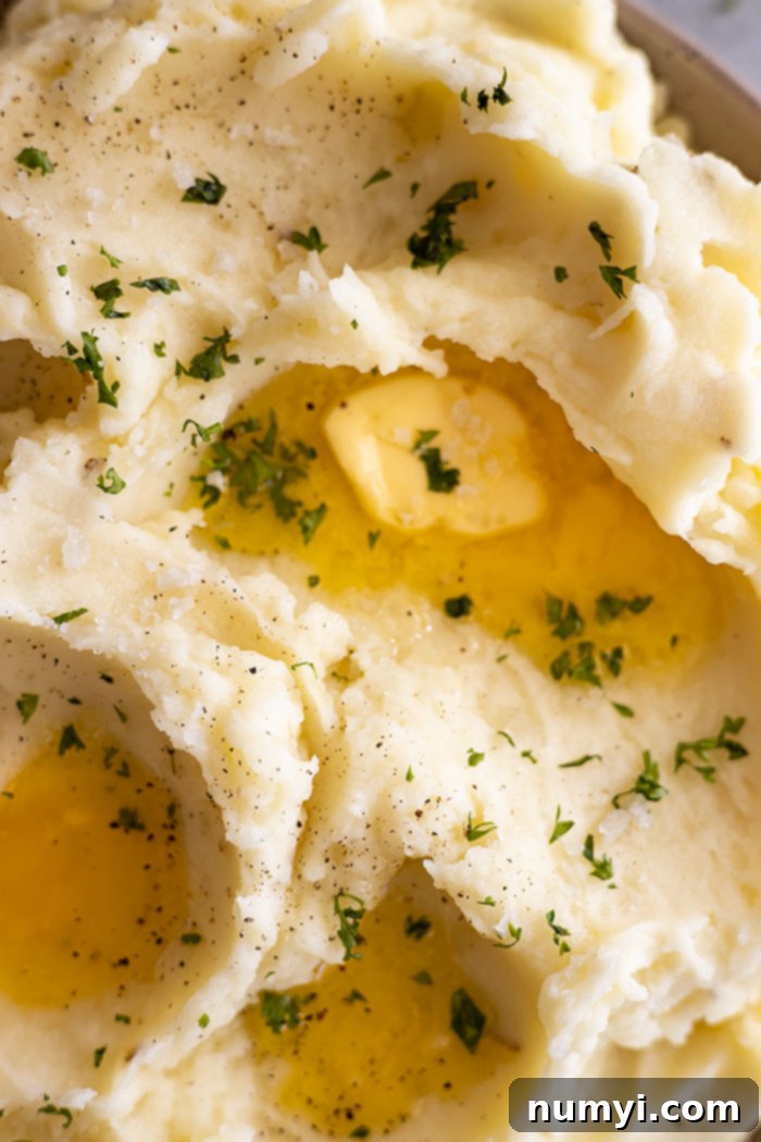 Effortlessly Delicious Garlic Mash 2 Close-up of fluffy, creamy garlic mashed potatoes in a serving bowl, garnished with fresh herbs, ready for a holiday meal.