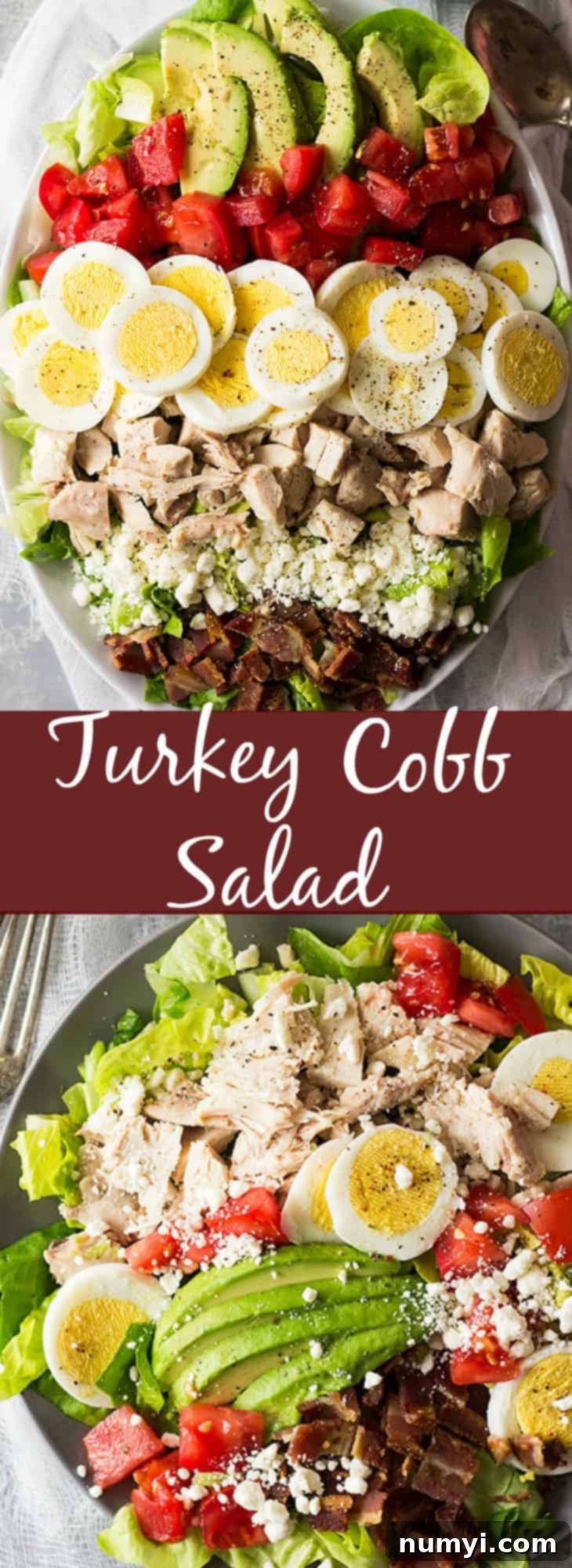 Overhead shot of a beautifully presented Turkey Cobb Salad on a rustic wooden table, garnished with fresh herbs and ready to eat, emphasizing its fresh ingredients and vibrant colors. Perfect for a healthy and satisfying meal.