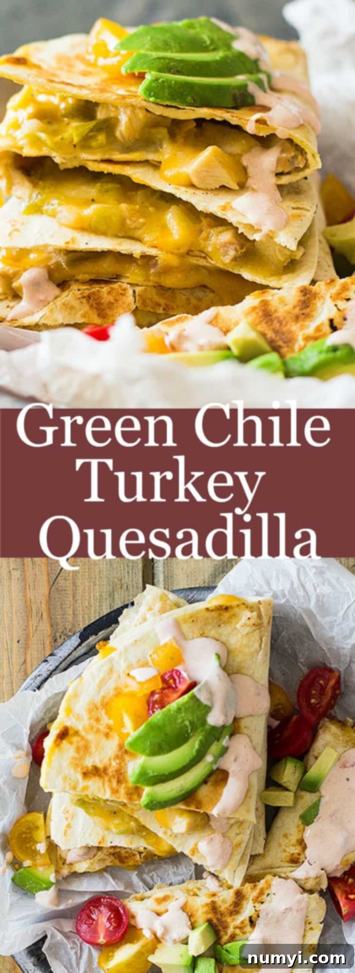 A plate of Green Chile Turkey Quesadillas with avocado and sour cream