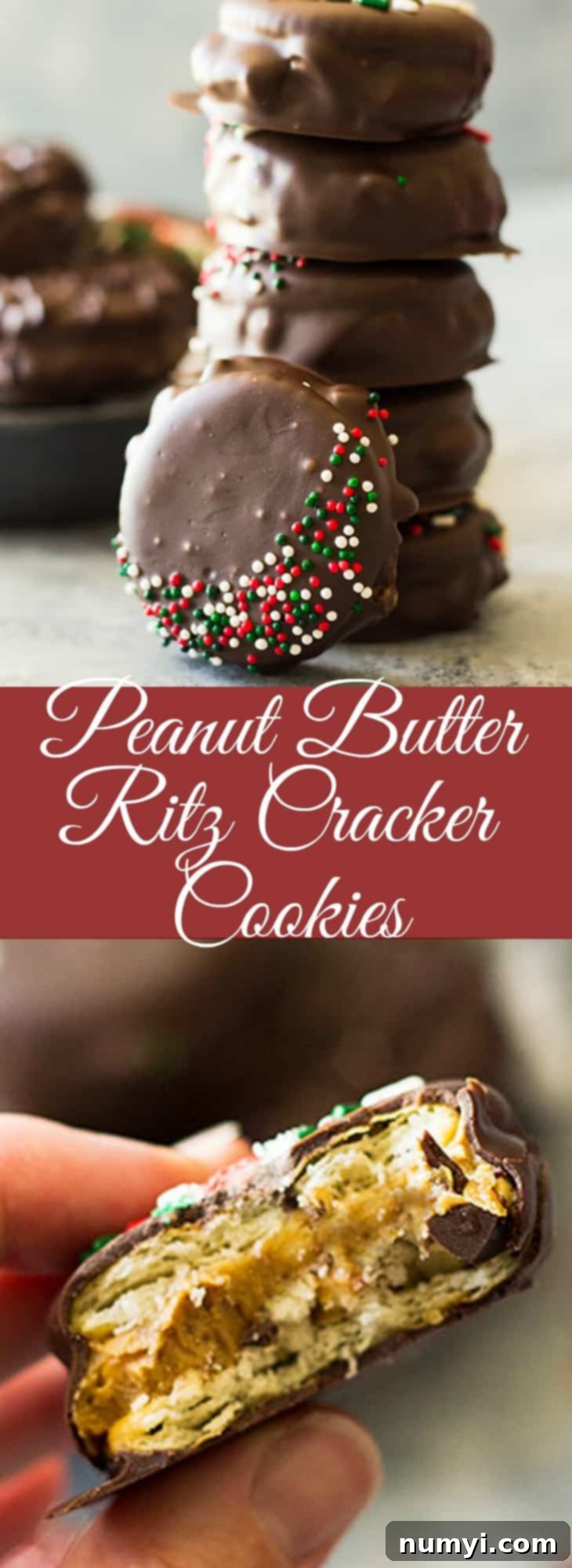 A festive spread of Peanut Butter Ritz Cracker Cookies, garnished with holiday sprinkles. The ultimate easy 3-ingredient Christmas dessert.