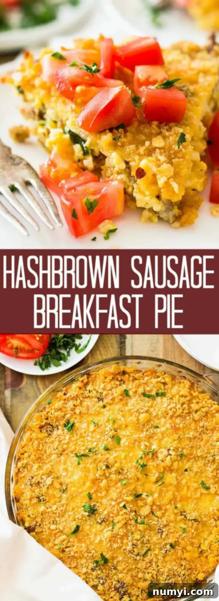 Large titled image displaying the finished Hashbrown Sausage Breakfast Pie, showcasing its inviting golden crust and hearty layers, ready to be sliced and served.