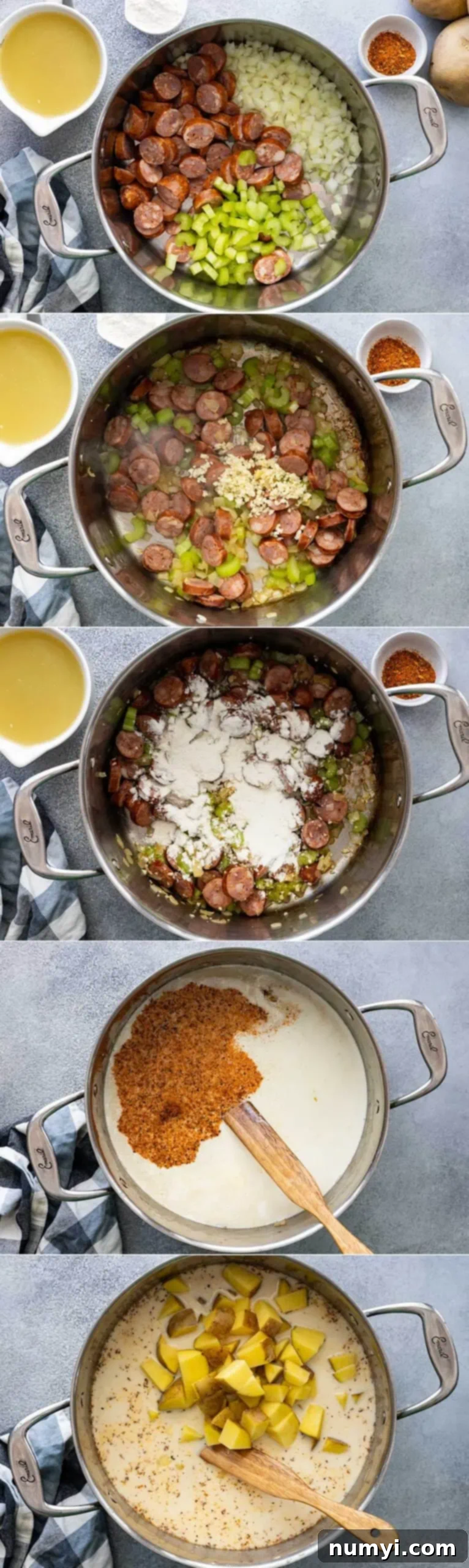 Spiced Cajun Potato Dream 4 Five pictures showing how to make the soup. Sautéing the vegetables and sausage, adding the garlic, stirring in the flour, stirring in the broth, milk, cream, and seasoning, and then adding in the potatoes.