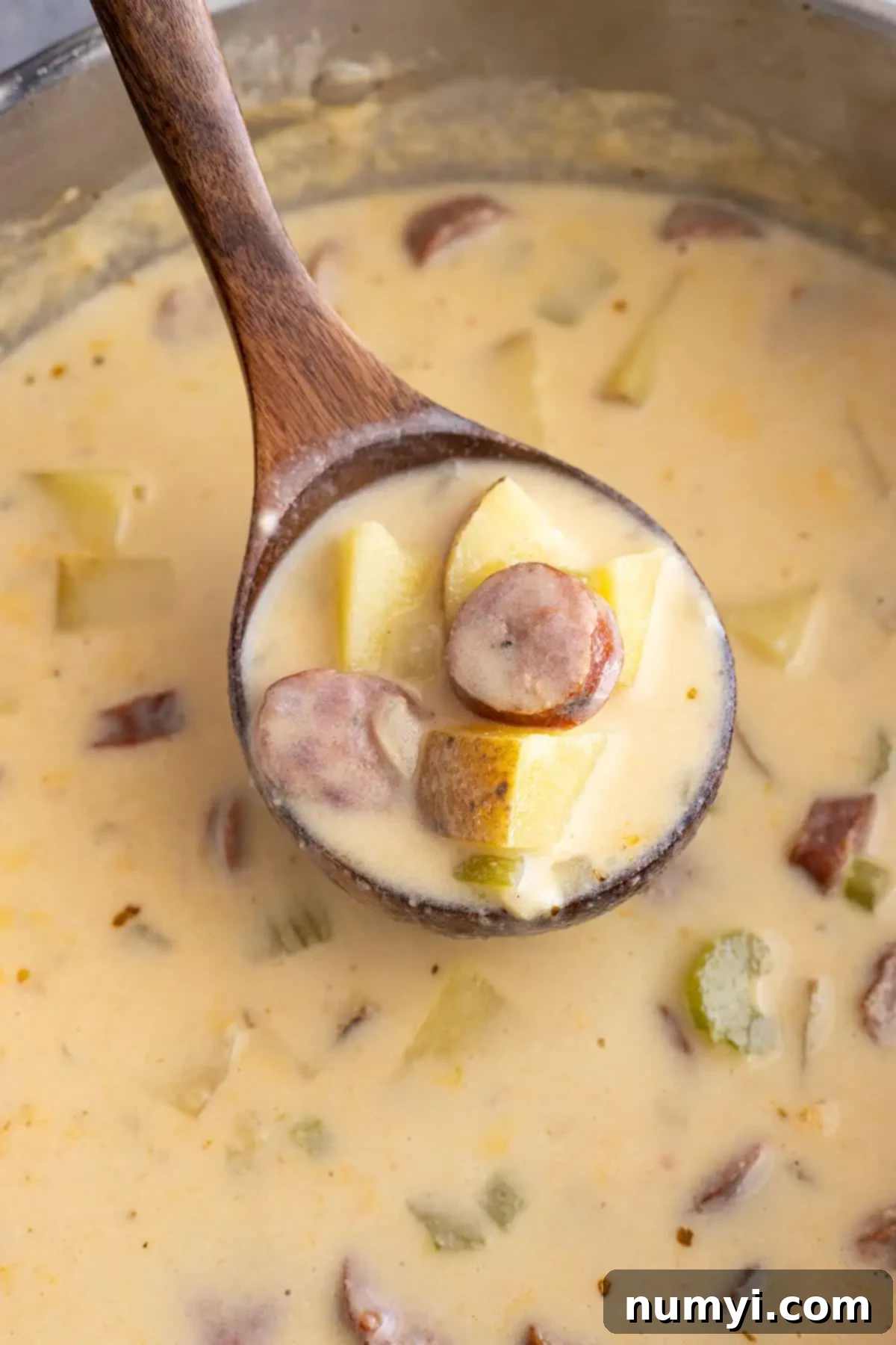 Spiced Cajun Potato Dream 5 A soup ladle pulling up soup ready to dish up.