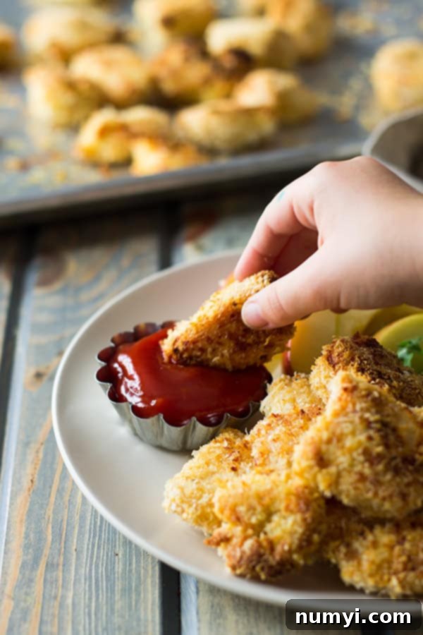Plate of freshly baked Homemade Chicken Nuggets with a side of dipping sauce, ready to be enjoyed.