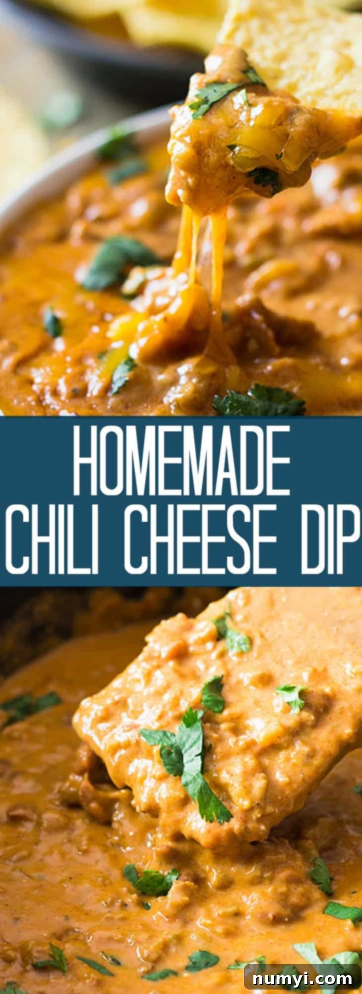 Close up of a spoonful of creamy chili cheese dip being lifted from a slow cooker