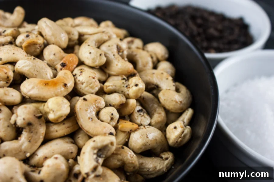 A dark bowl filled with perfectly roasted salt and pepper cashews, ready for snacking.