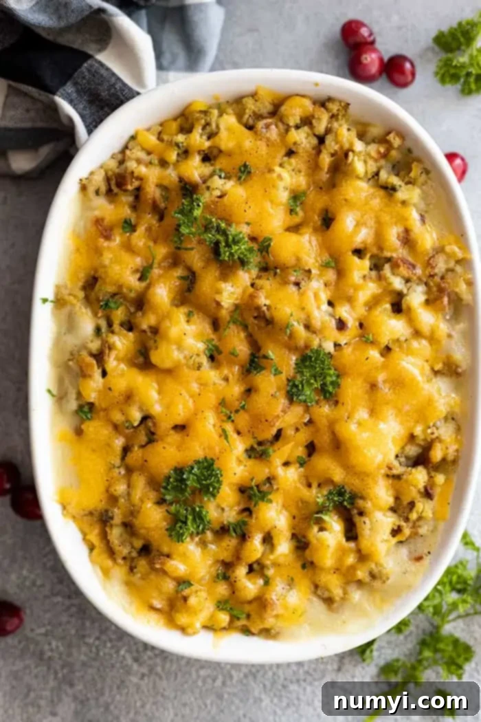 Thanksgiving Encore Bake 5 Individual serving of Thanksgiving Leftover Casserole on a plate.