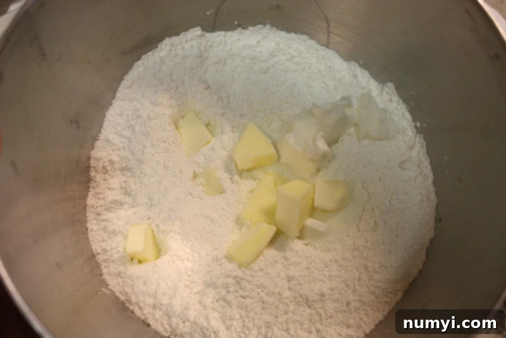 Easy Homemade Tender Soft Flaky Biscuits 4 Cubed cold butter and flour being mixed in a large bowl.