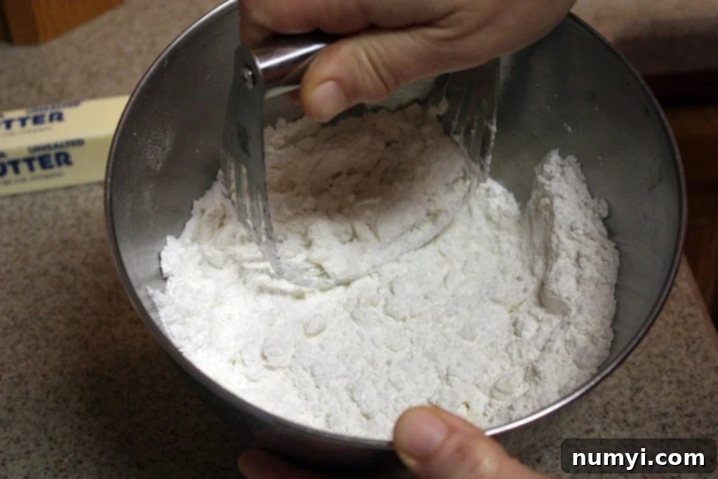 Easy Homemade Tender Soft Flaky Biscuits 5 A pastry blender cutting cold butter and shortening into the flour mixture.