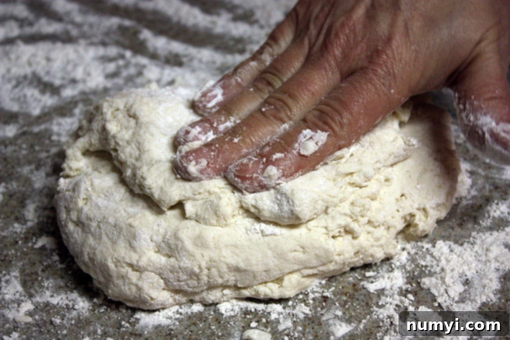 Easy Homemade Tender Soft Flaky Biscuits 7 Sticky Southern buttermilk biscuit dough on a lightly floured surface, ready for folding.