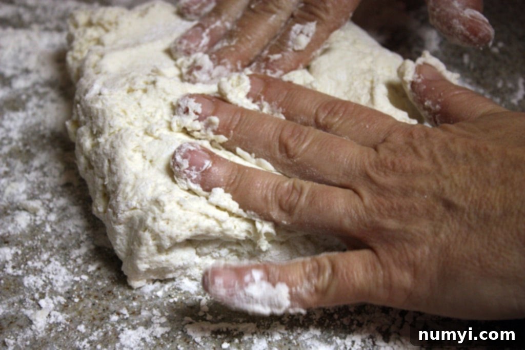 Easy Homemade Tender Soft Flaky Biscuits 8 Hands demonstrating the folding technique for biscuit dough on a floured surface.