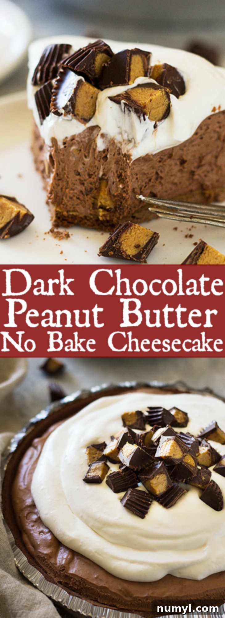 This Dark Chocolate Peanut Butter No Bake Cheesecake is rich, ultra creamy and decadent! | www.countrysidecravings.com