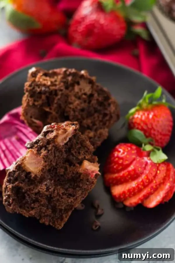 a double chocolate chip muffin sliced in half on a black plate with fresh strawberries and a paper liner to the side, revealing its moist interior and strawberry chunks