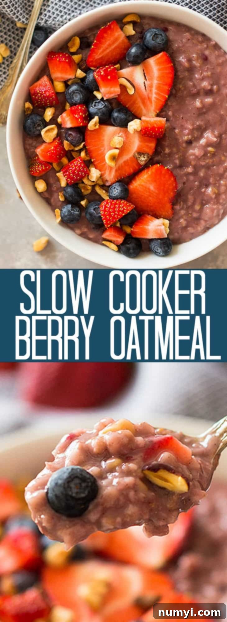 Overnight Slow Cooker Berry Oatmeal 7 Slow Cooker Berry Oatmeal with fresh berries and a spoon, ready to be enjoyed as a hearty and healthy breakfast.