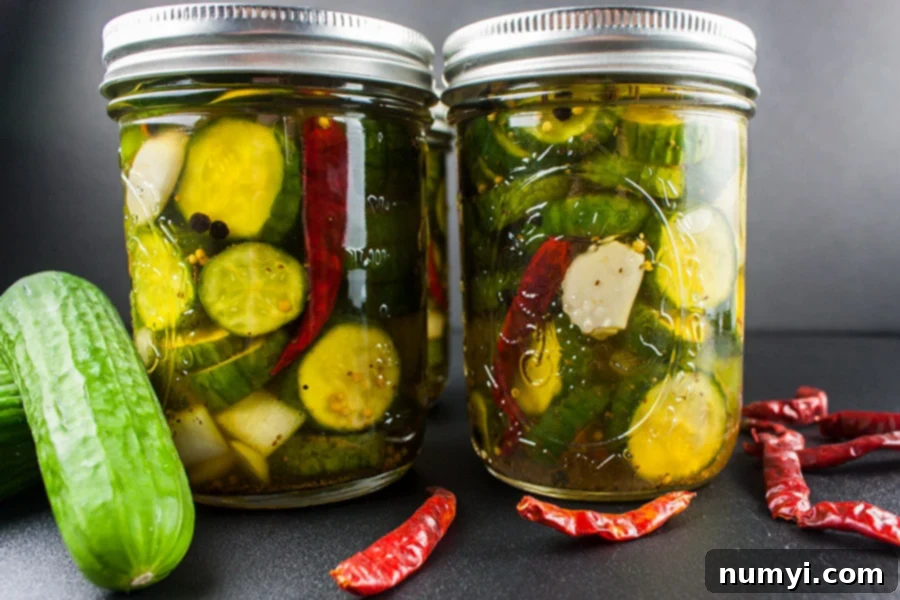 Spicy Bread and Butter Pickles in mason jars, ready to be enjoyed.