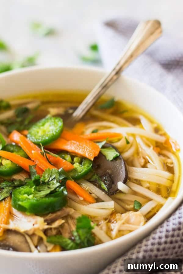 A bowl of Asian soup with a spoon, ready to be eaten