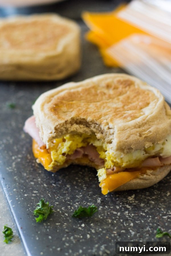 This Freezer Breakfast Ham Egg and Cheese sandwich is a healthier alternative to that Egg McMuffin! They are easy to make and are a great for breakfast on the go! | www.countrysidecravings.com