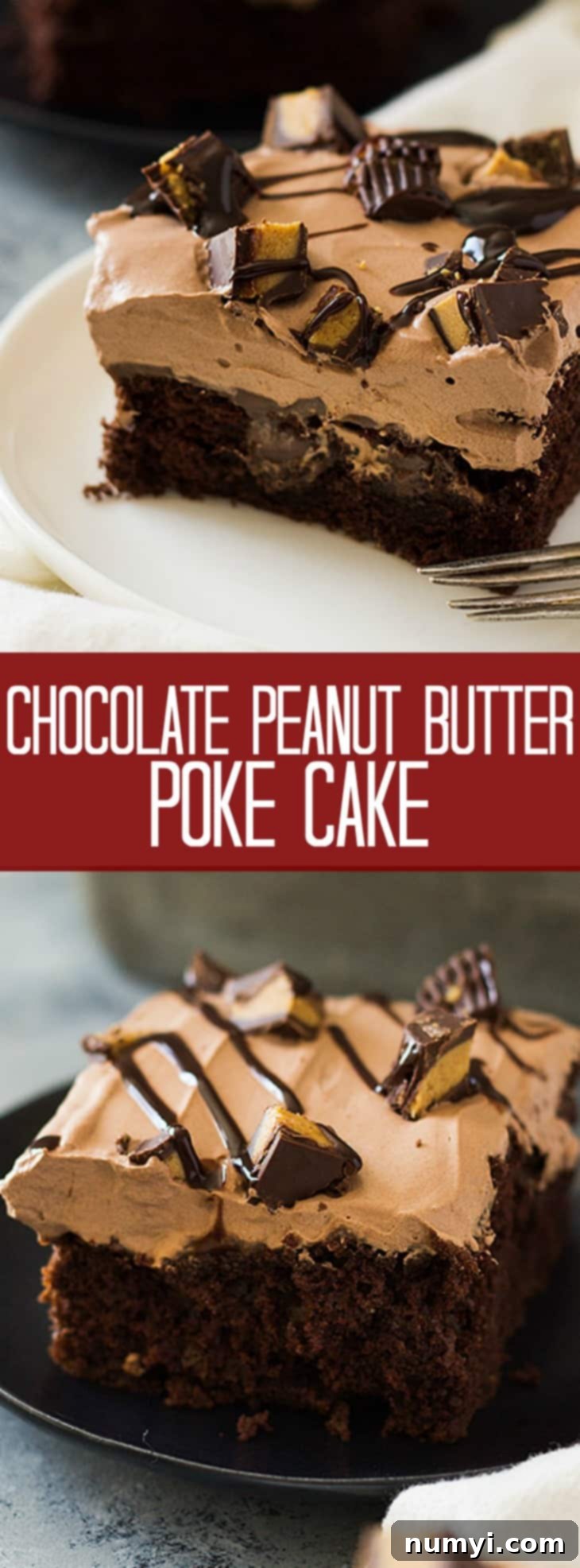 Ultimate Chocolate Peanut Butter Poke Cake 6 This Chocolate Peanut Butter Poke Cake is a chocolate cake soaked in peanut butter goodness! Then topped with a luscious chocolate whipped cream and peanut butter cups! | www.countrysidecravings.com