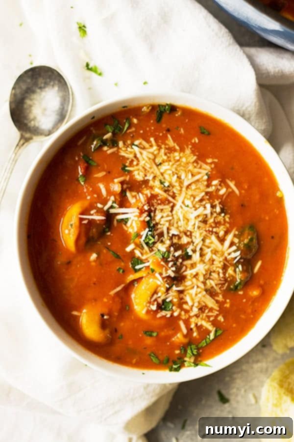 Close-up shot of creamy tomato tortellini soup in a white bowl, showcasing the cheesy tortellini, vibrant spinach, and rich tomato broth.