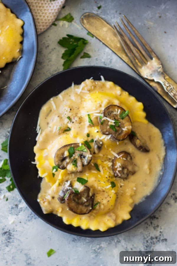 plate with mushroom cream sauce and ravioli, ready to eat