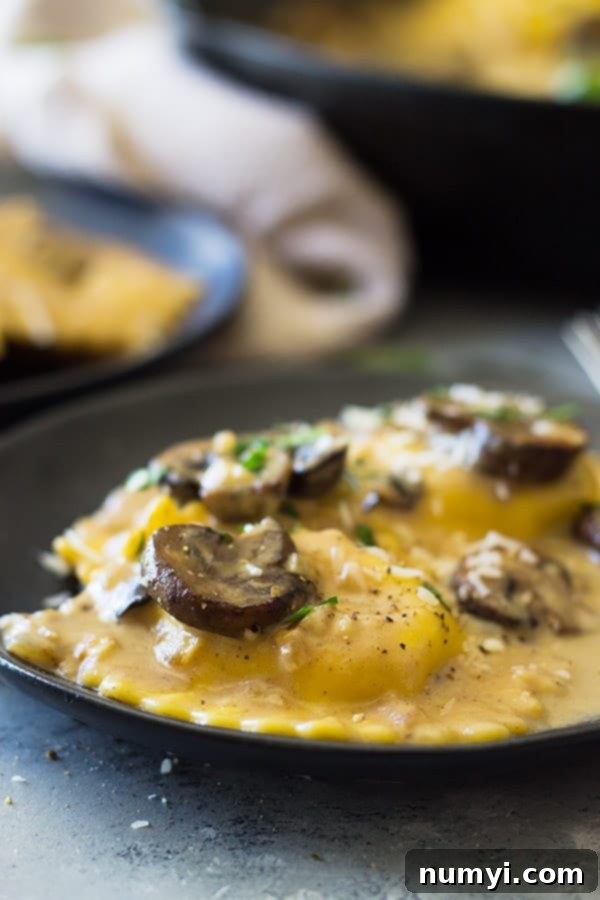 side view of mushroom ravioli in a bowl