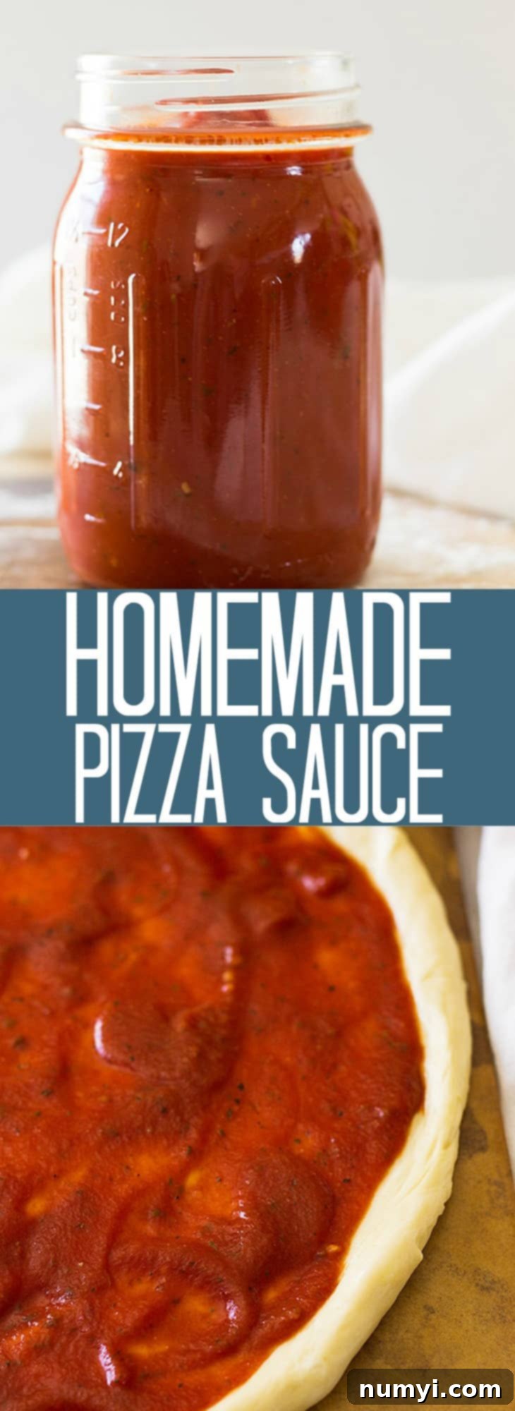 Large image of homemade pizza sauce in a jar for social sharing, full-size.