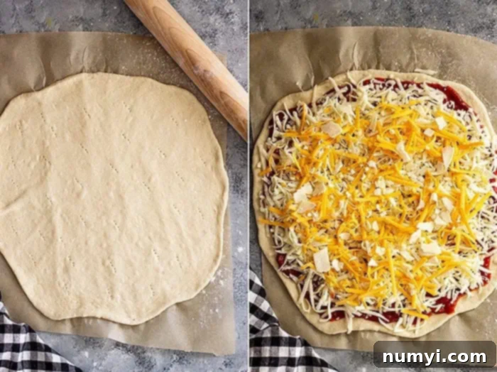 Perfectly Homemade Cheese Pizza 4 overhead collage: rolled out cheese pizza recipe dough and the dough covered with sauce and cheese